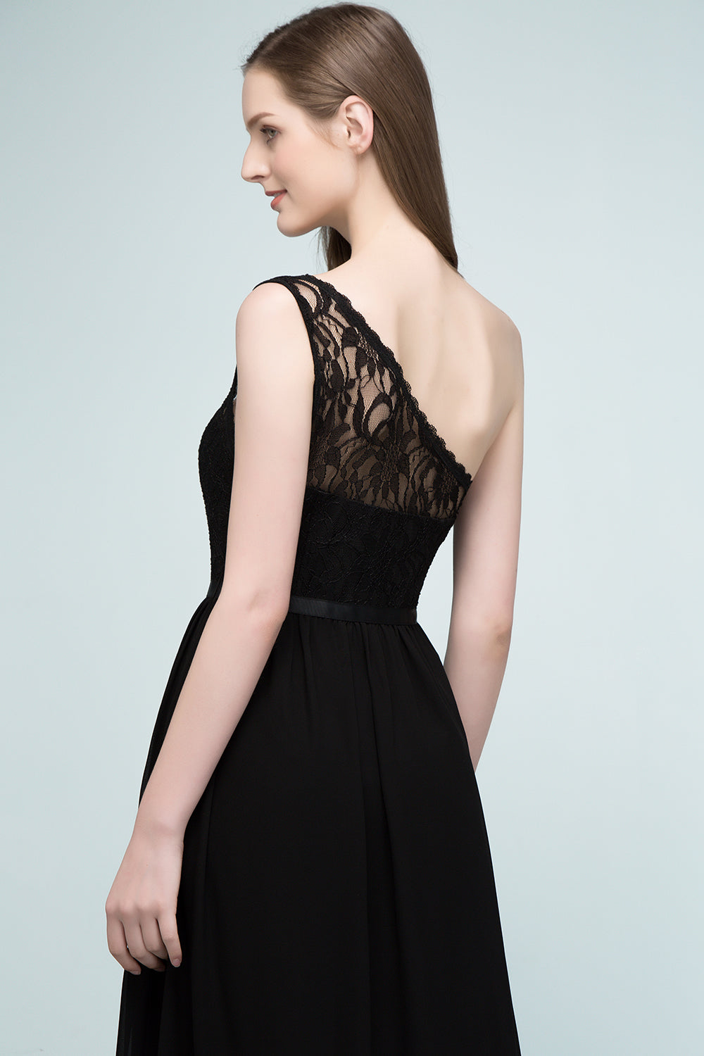 Stylish Black Chiffon One-Shoulder Lace Affordable Bridesmaid dresses - Fashionpara