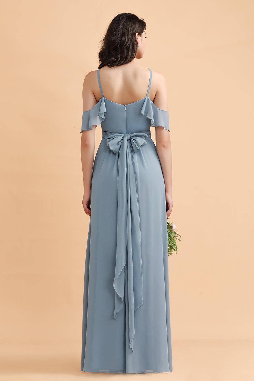 Stylish Cold-Shoulder Ruffles Chiffon Bowknot Bridesmaid Dresses with Pockets On Sale - Fashionpara