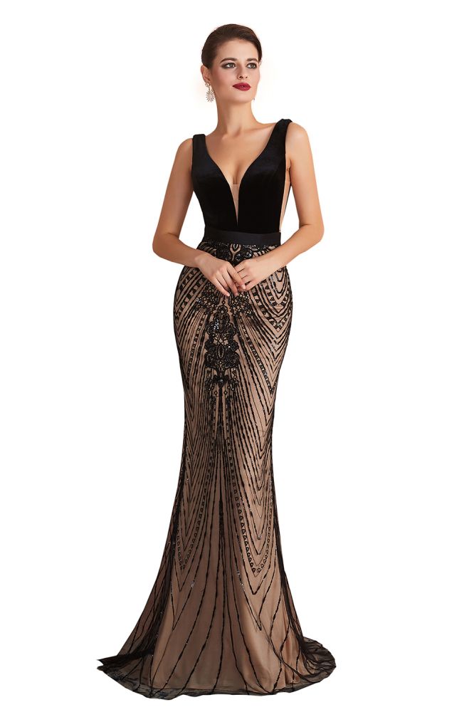 Stylish Deep V-Neck Black Beading Mermaid Prom Dress Sleeveless Slim Evening Party Gown