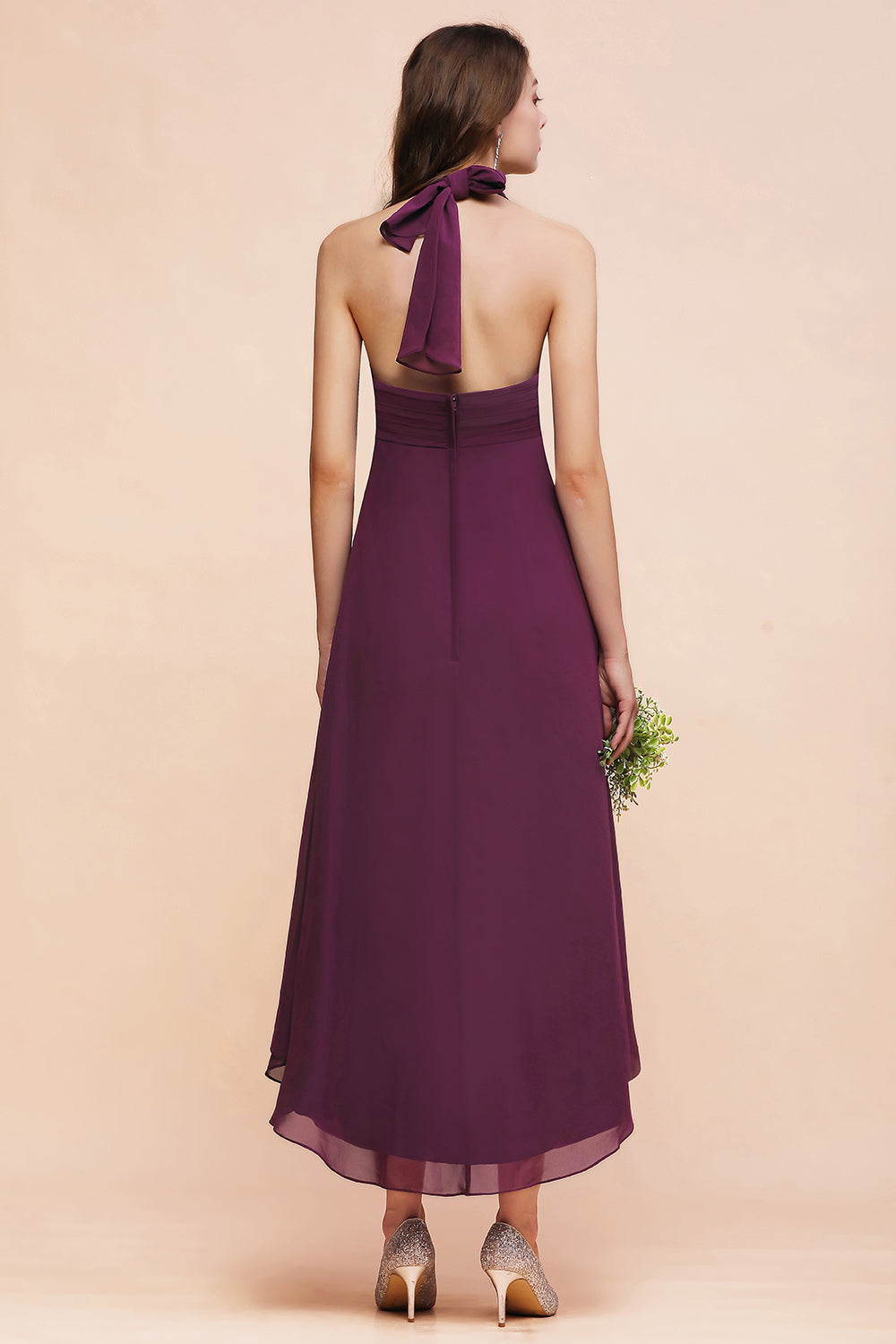 Stylish Hi-Lo Halter Grape Chiffon Affordable Bridesmaid dresses with Ruffle - Fashionpara