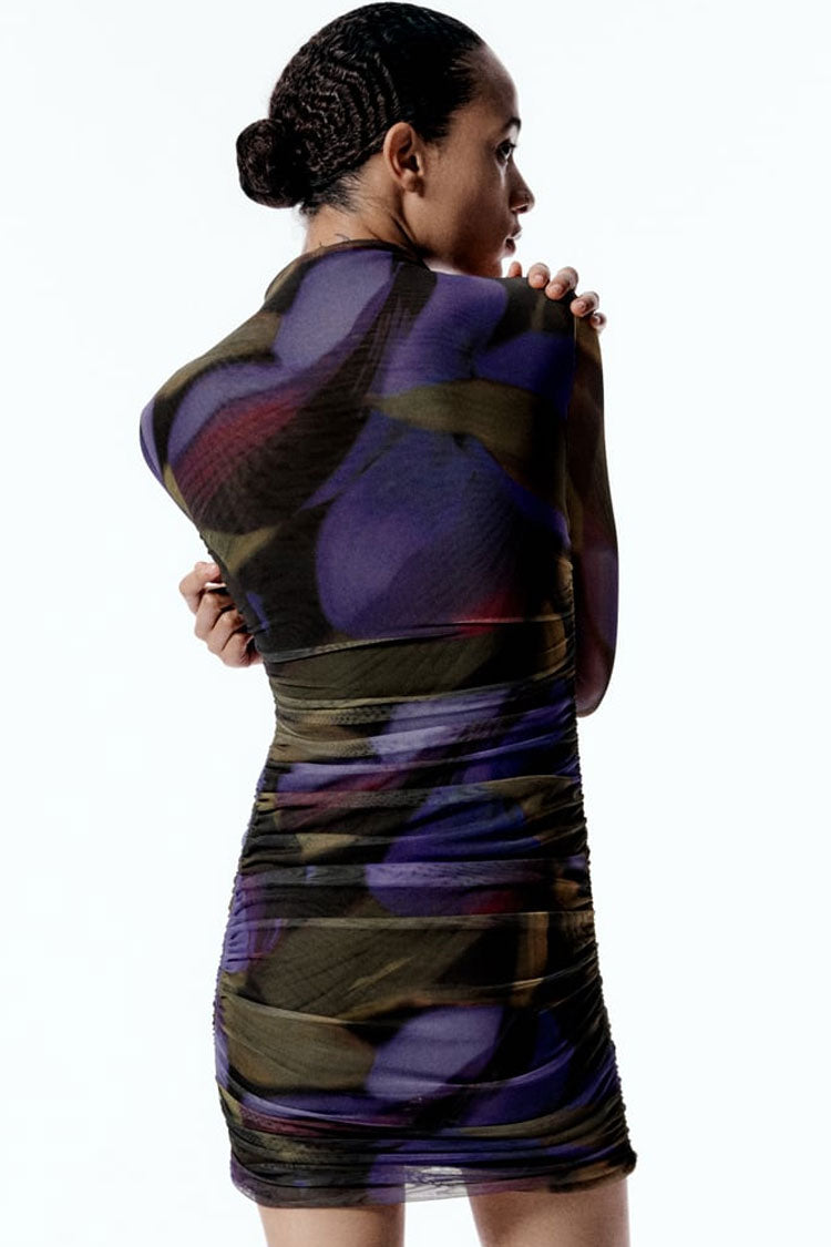 High Neck Long Sleeve Mesh Ruched Bodycon Mini Dress - View 3