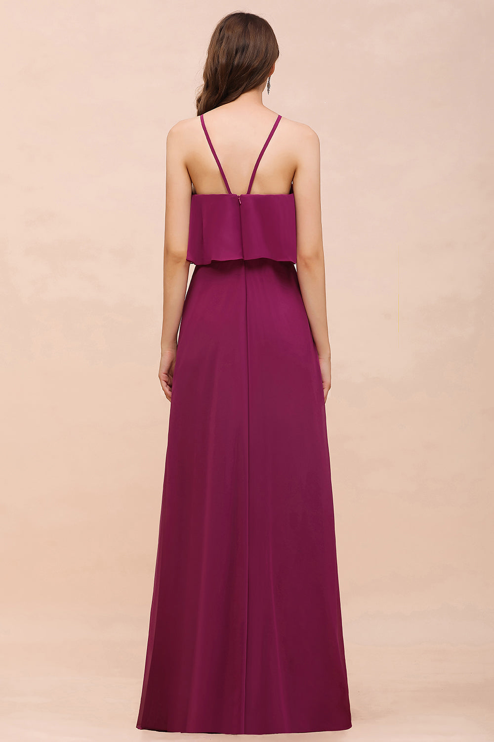 Stylish Spaghetti Straps Mulberry Chiffon Bridesmaid Dresses with Ruffles - Fashionpara
