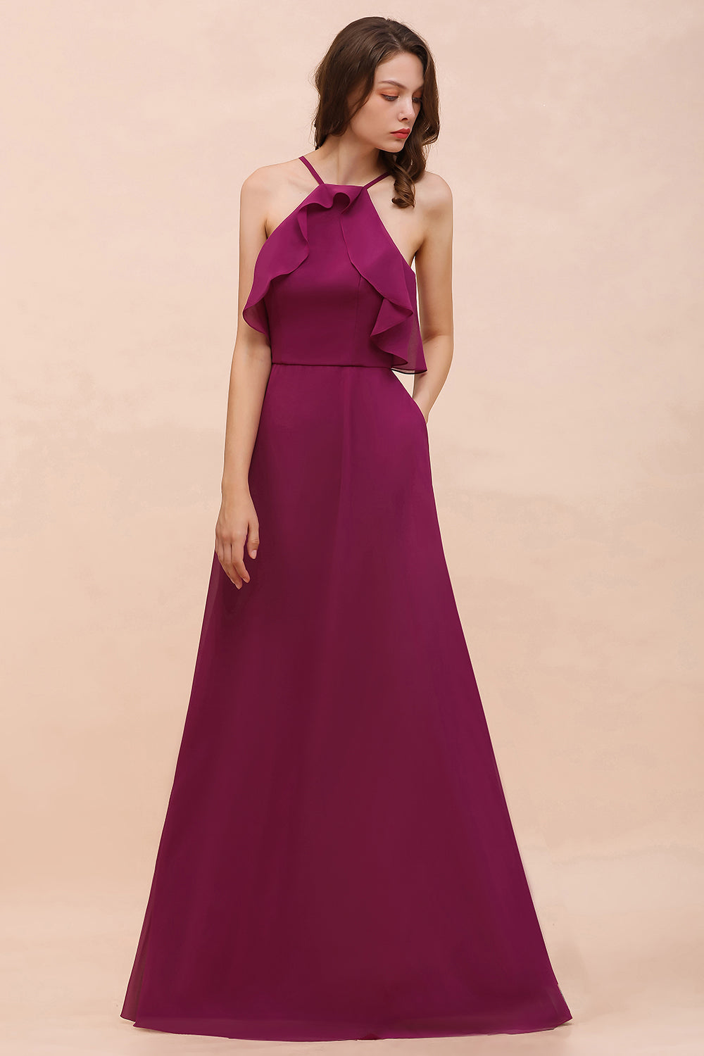 Stylish Spaghetti Straps Mulberry Chiffon Bridesmaid Dresses with Ruffles - Fashionpara