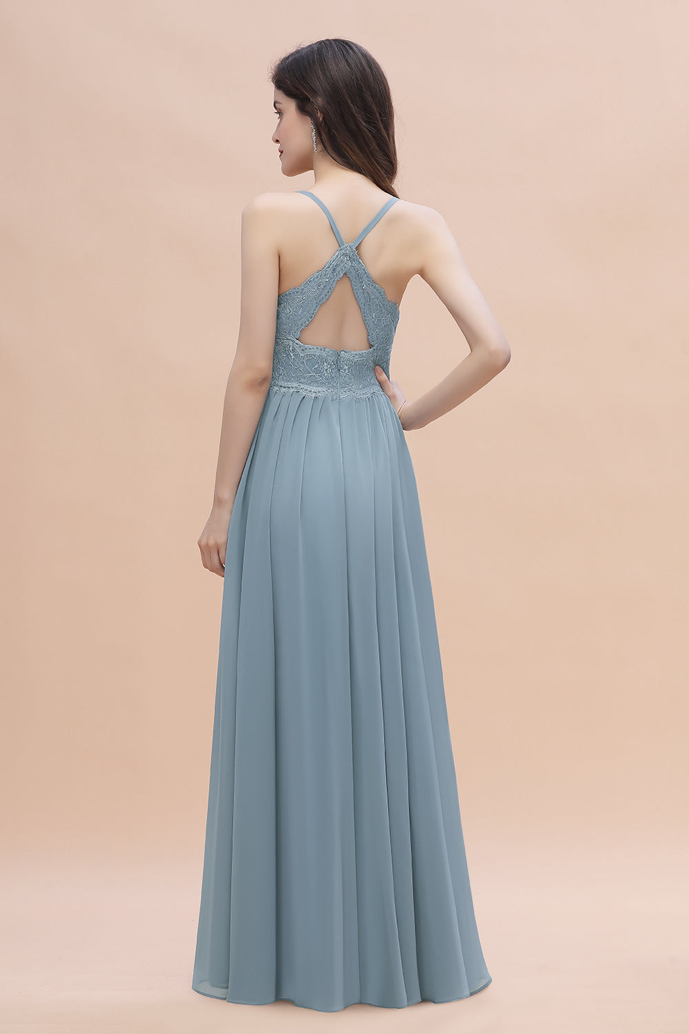 Stylish Straps V-Neck Chiffon Lace Dusty Blue Bridesmaid Dresses On Sale - Fashionpara
