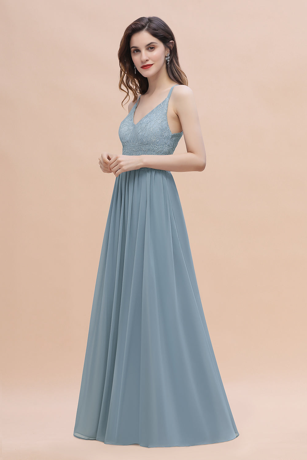 Stylish Straps V-Neck Chiffon Lace Dusty Blue Bridesmaid Dresses On Sale - Fashionpara