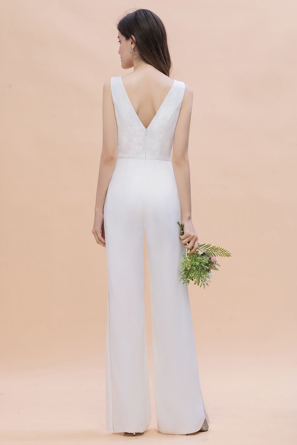 Stylish V-neck Sleeveless White Lace Bridesmaid Jumpsuit - Fashionpara