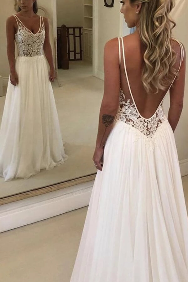 Summer Beach Lace Wedding Dress V-Neck Chiffon Bridal Gown - Fashionpara