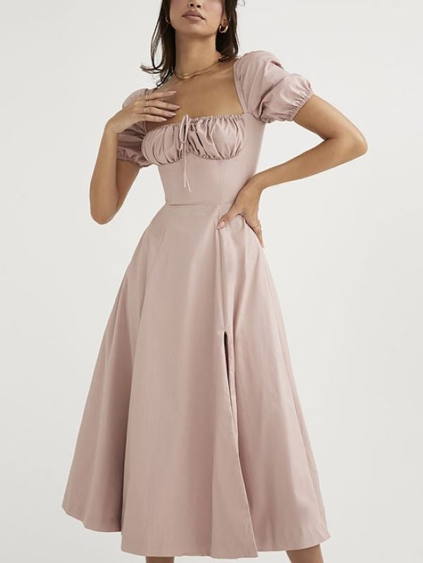 Back Bubble Sleeve Split Dress