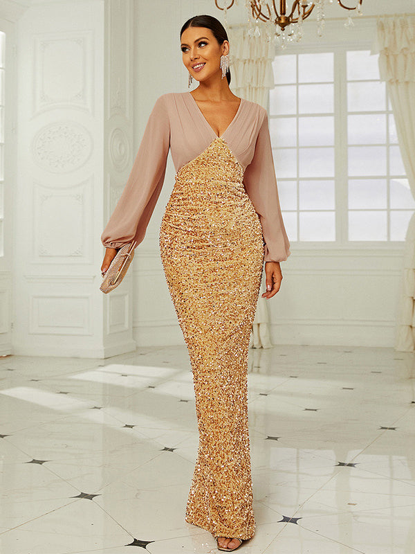 Temperament Wedding V-neck Long-sleeved Sequined Party Bag Hip Fishtail Evening Dress