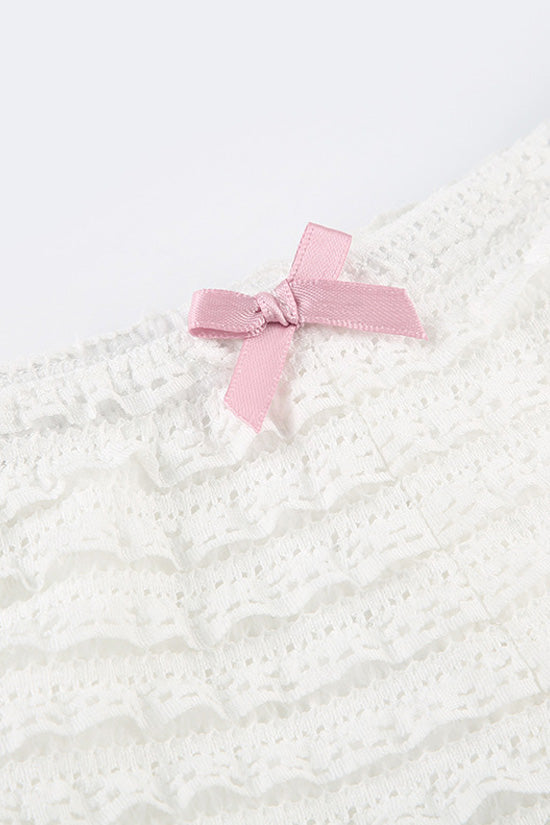 Sweet Bow Trim Low Rise Lace Tiered Ruffle Booty Micro Bloomer Shorts - Fashionpara