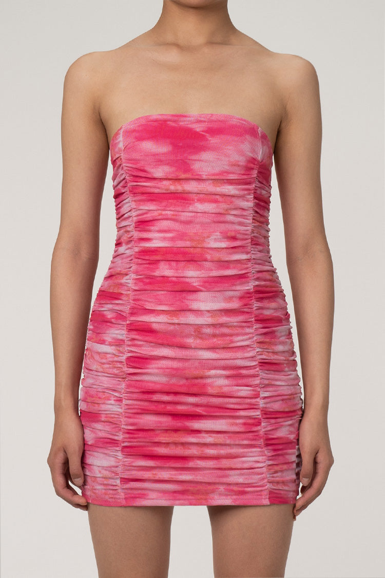 Sweet Floral Tie Dye Print Strapless Ruched Bodycon Mesh Party Mini Dress - Fashionpara