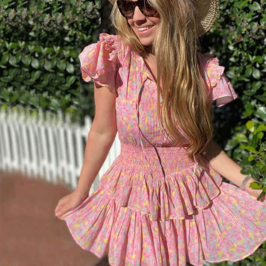 Tiered Ruffle Floral Printed Mini Dress - Pink