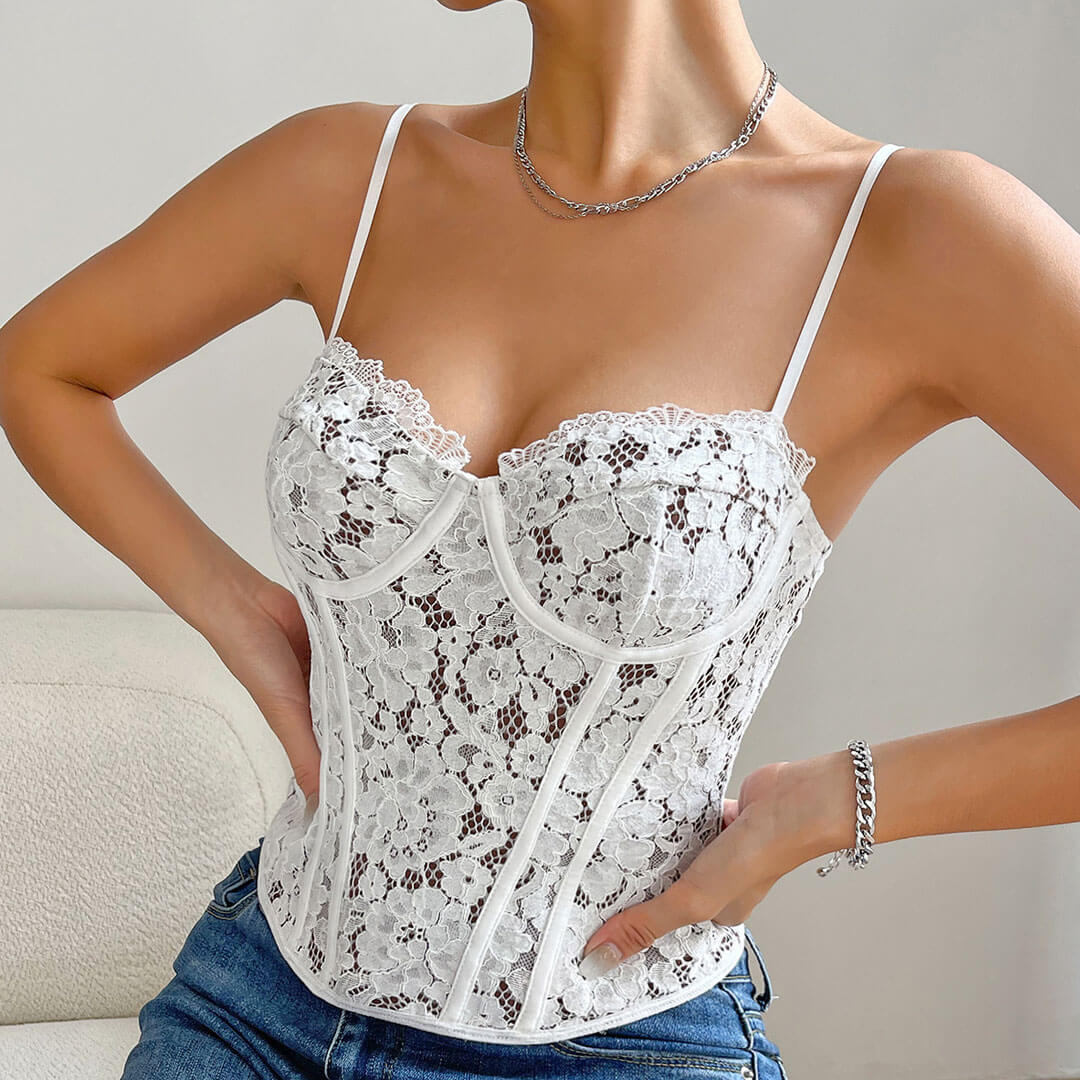 Sleeveless Sheer Lace Corset Top - White