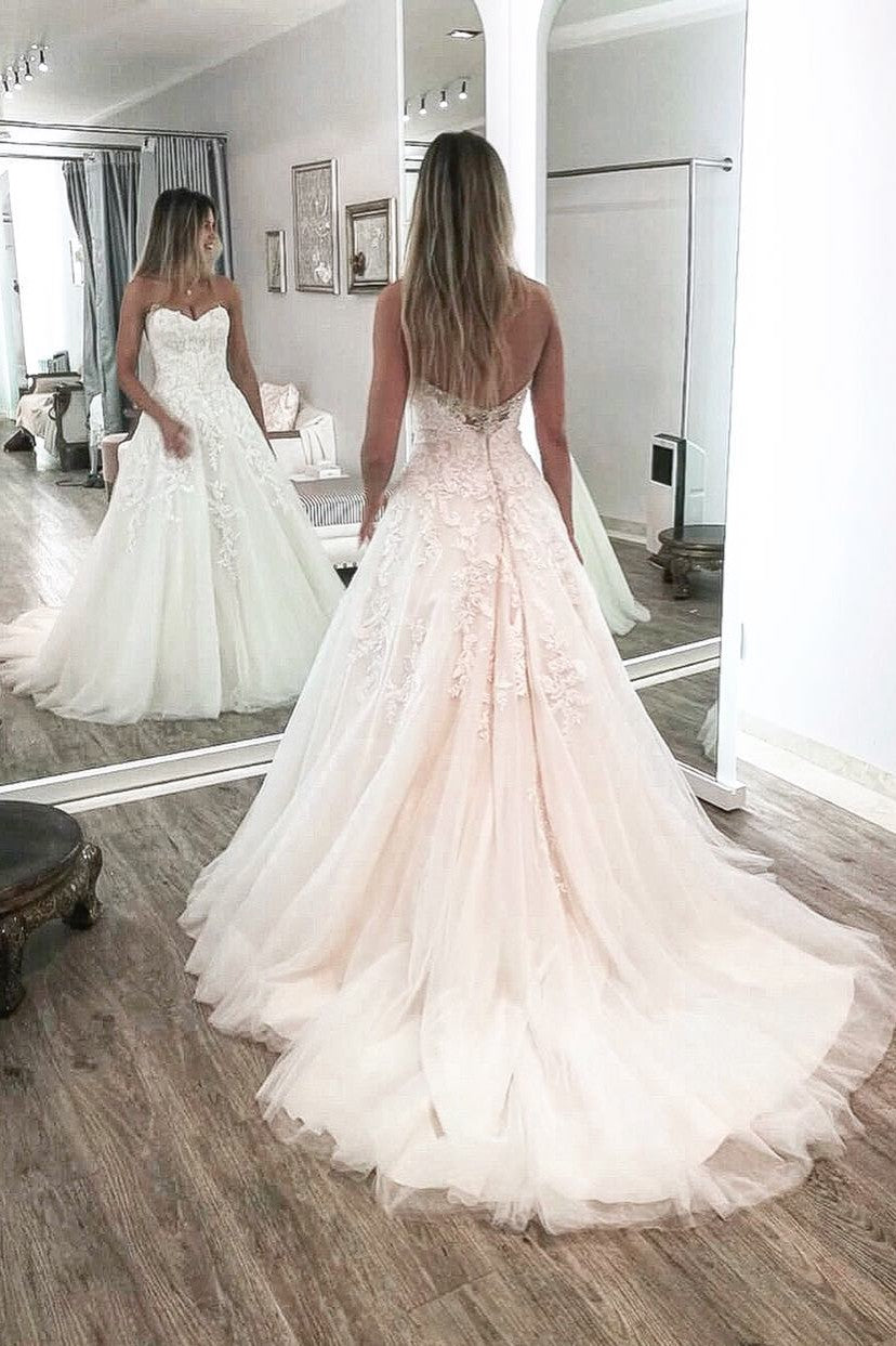 Sweetheart A-Line Wedding Dress Lace Appliques Zipper Back - Fashionpara