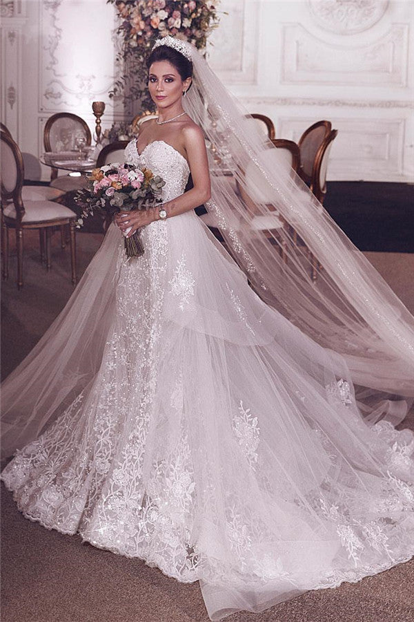 Sweetheart Lace Mermaid Wedding Dress Overskirt - Fashionpara