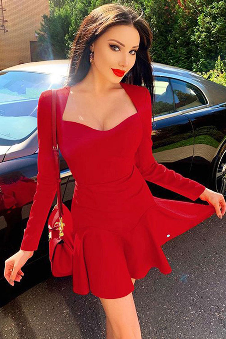 Sweetheart Long Sleeve Winter Ruffle Bandage Knit Mini Dress - Red  Fashionpara