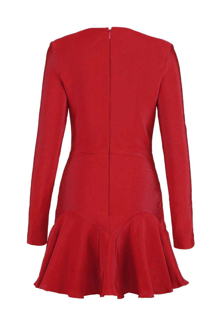Sweetheart Long Sleeve Winter Ruffle Bandage Knit Mini Dress - Red  Fashionpara