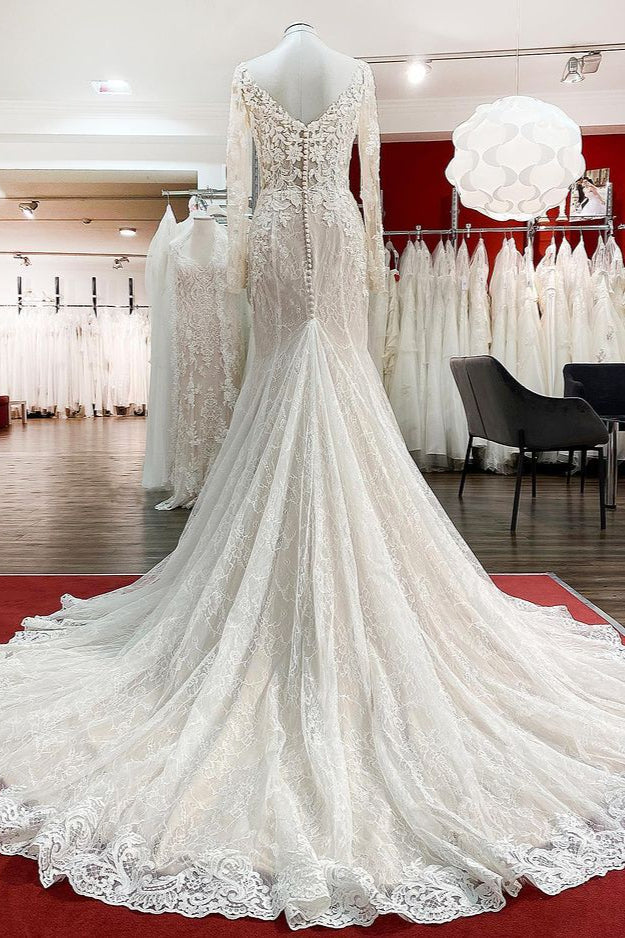 Sweetheart Long Sleeves Tulle Ivory Mermaid Wedding Dresses - Fashionpara