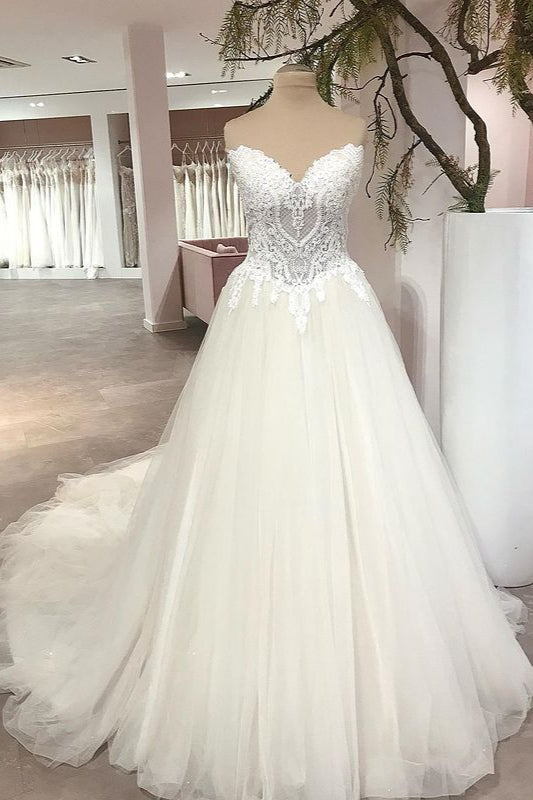 Sweetheart Princess Wedding Dress Tulle Lace Bridal Gown - Fashionpara