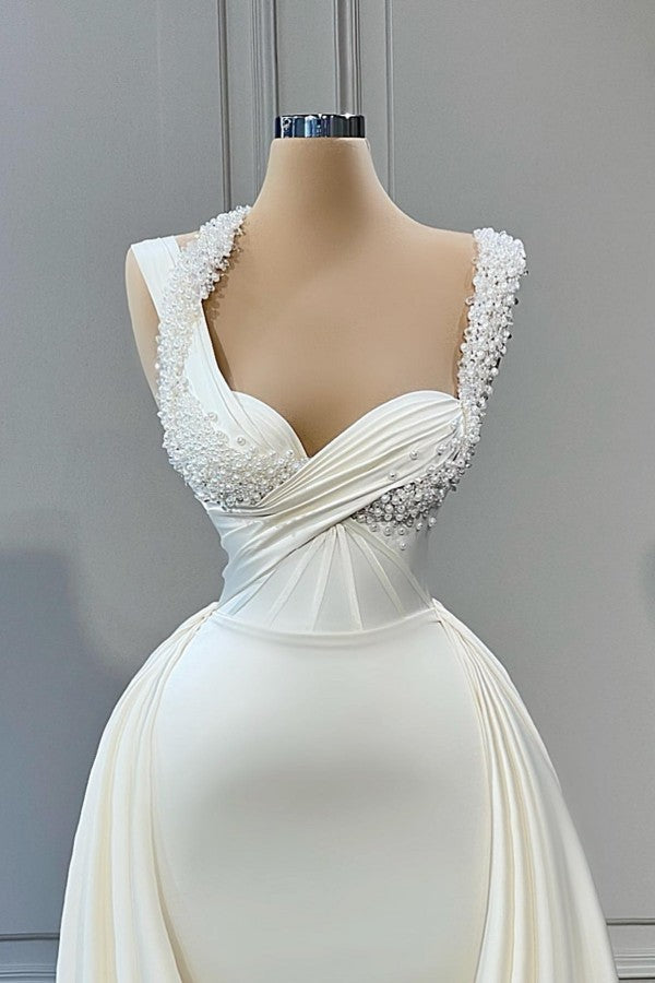 Sweetheart Sleeveless Mermaid Wedding Reception Dress Long With Pearls - Fashionpara