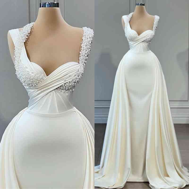 Sweetheart Sleeveless Mermaid Wedding Reception Dress Long With Pearls - Fashionpara
