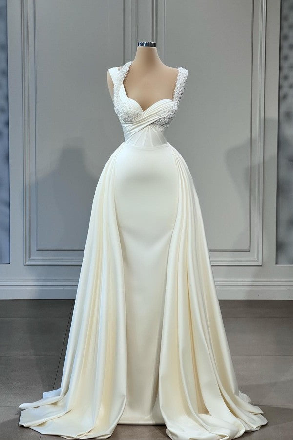 Sweetheart Sleeveless Mermaid Wedding Reception Dress Long With Pearls - Fashionpara