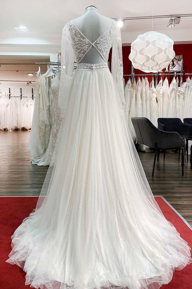 Sweetheart Tulle Beadings Lace Appliques Wedding Dresses With Long Sleeves - Fashionpara