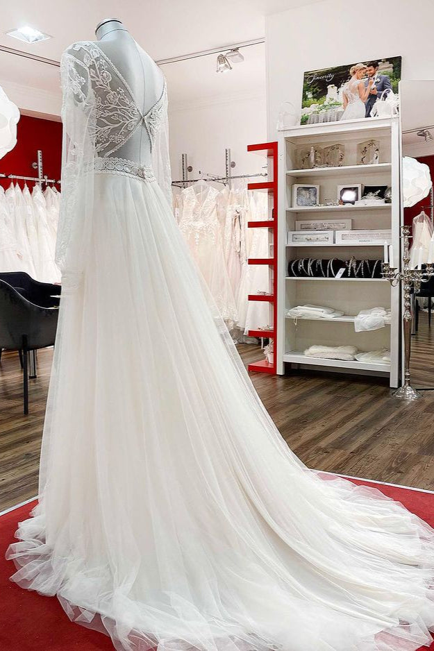 Sweetheart Tulle Beadings Lace Appliques Wedding Dresses With Long Sleeves - Fashionpara