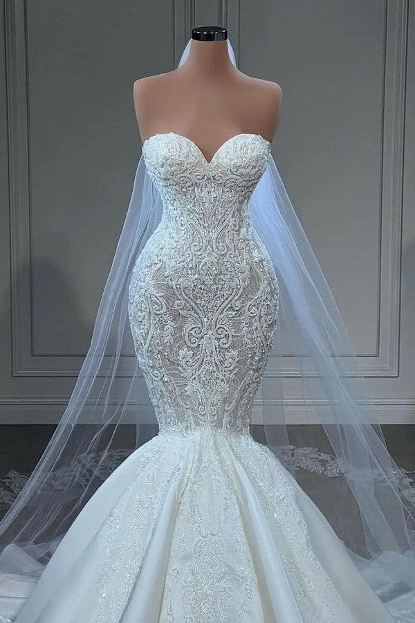 Sweetheart Wedding Dress Mermaid Long With Appliques Beads - Fashionpara