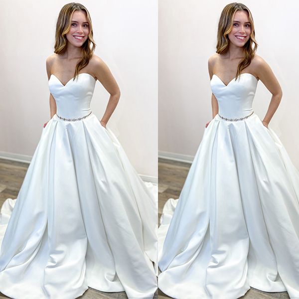 Sweetheart White Wedding Dress Satin Princess With Pockets - Fashionpara