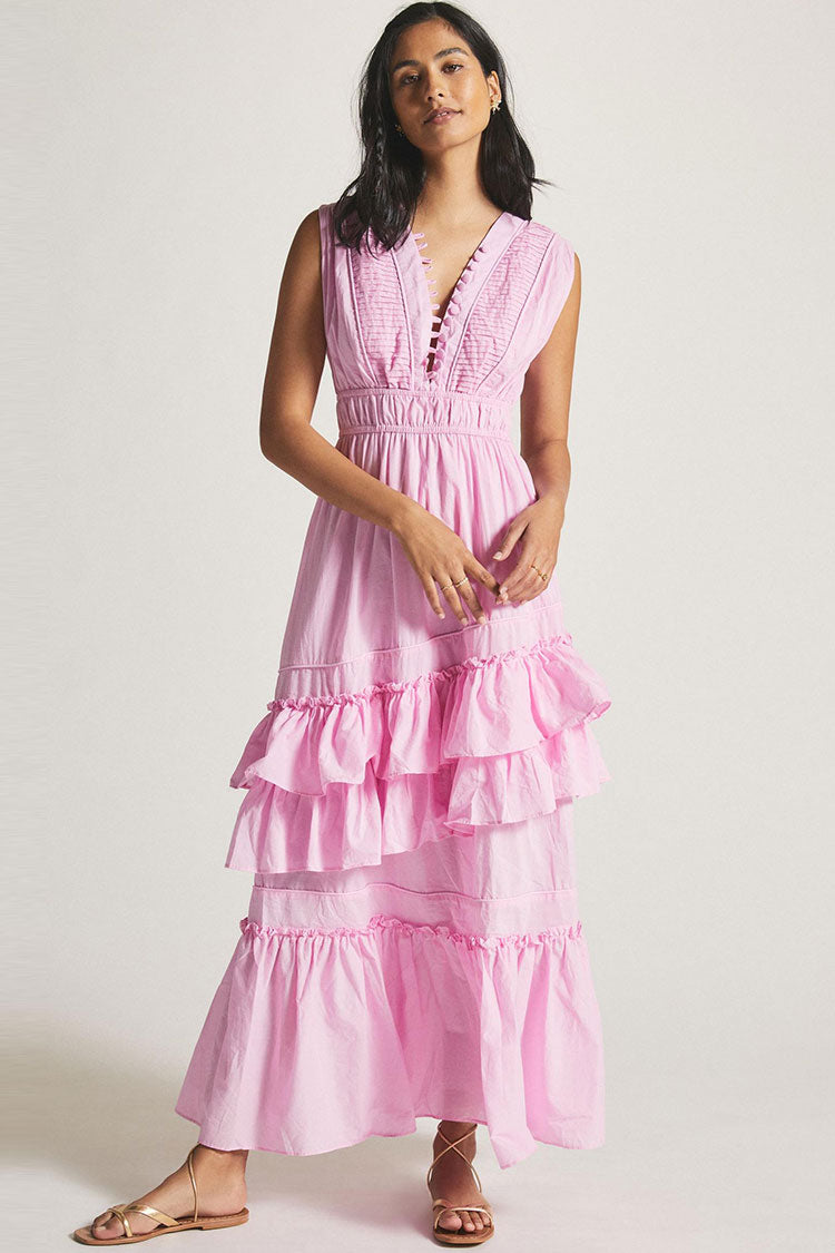 Swingy Buttoned Sleeveless Beach Vacation Ruffle Tiered Maxi Sundress - Pink  Fashionpara