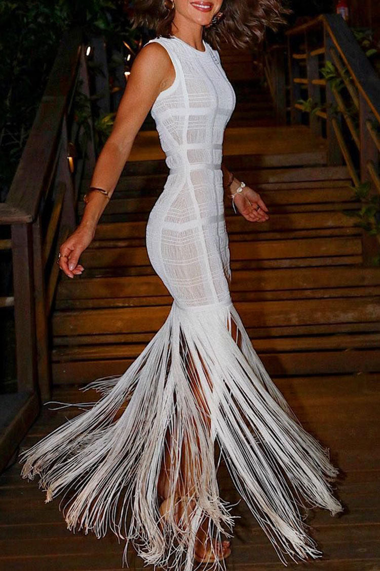 Swingy Fringe Round Neck Sheer Tulle Bandage Sleeveless Maxi Dress - White  Fashionpara