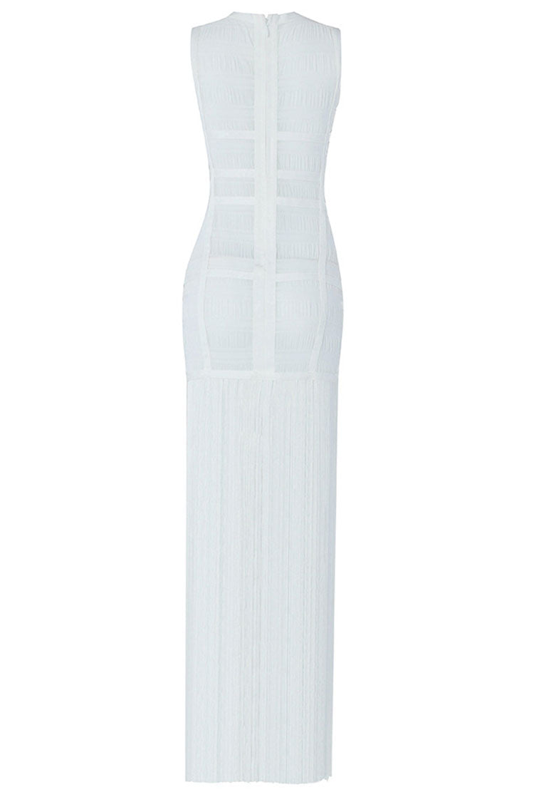 Swingy Fringe Round Neck Sheer Tulle Bandage Sleeveless Maxi Dress - White  Fashionpara