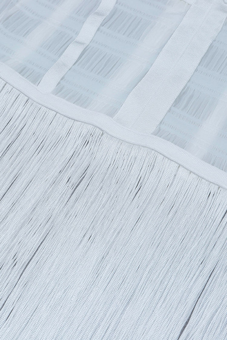 Swingy Fringe Round Neck Sheer Tulle Bandage Sleeveless Maxi Dress - White  Fashionpara
