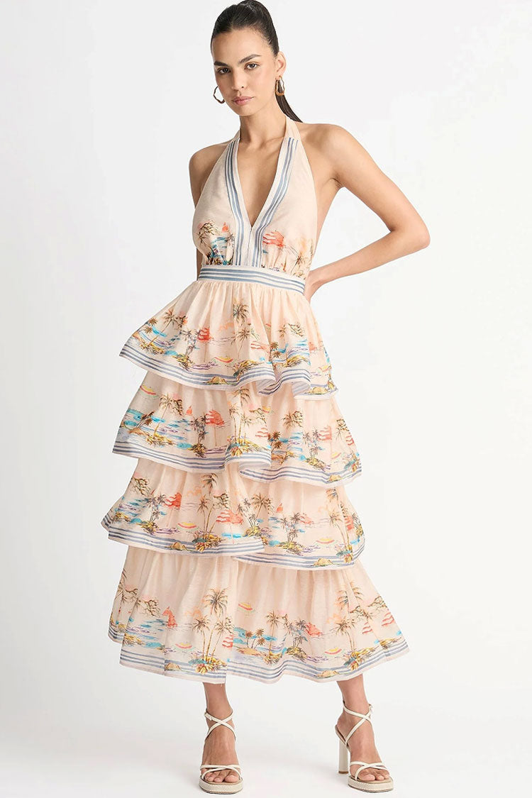 Swingy Halter V Neck Beach Vacation Printed Ruffle Tiered Midi Sundress - Cream  Fashionpara