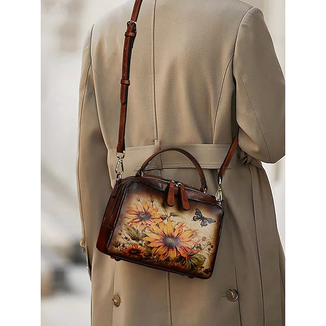 Sunflower Print Vintage with Handbag Leather and Butterfly