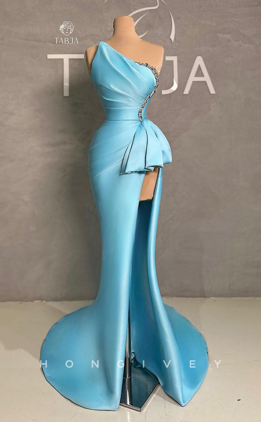 L2793 - One Shoulder Empire Pleats Beaded With Side Slit Party Prom Evening Dress - Fashionpara