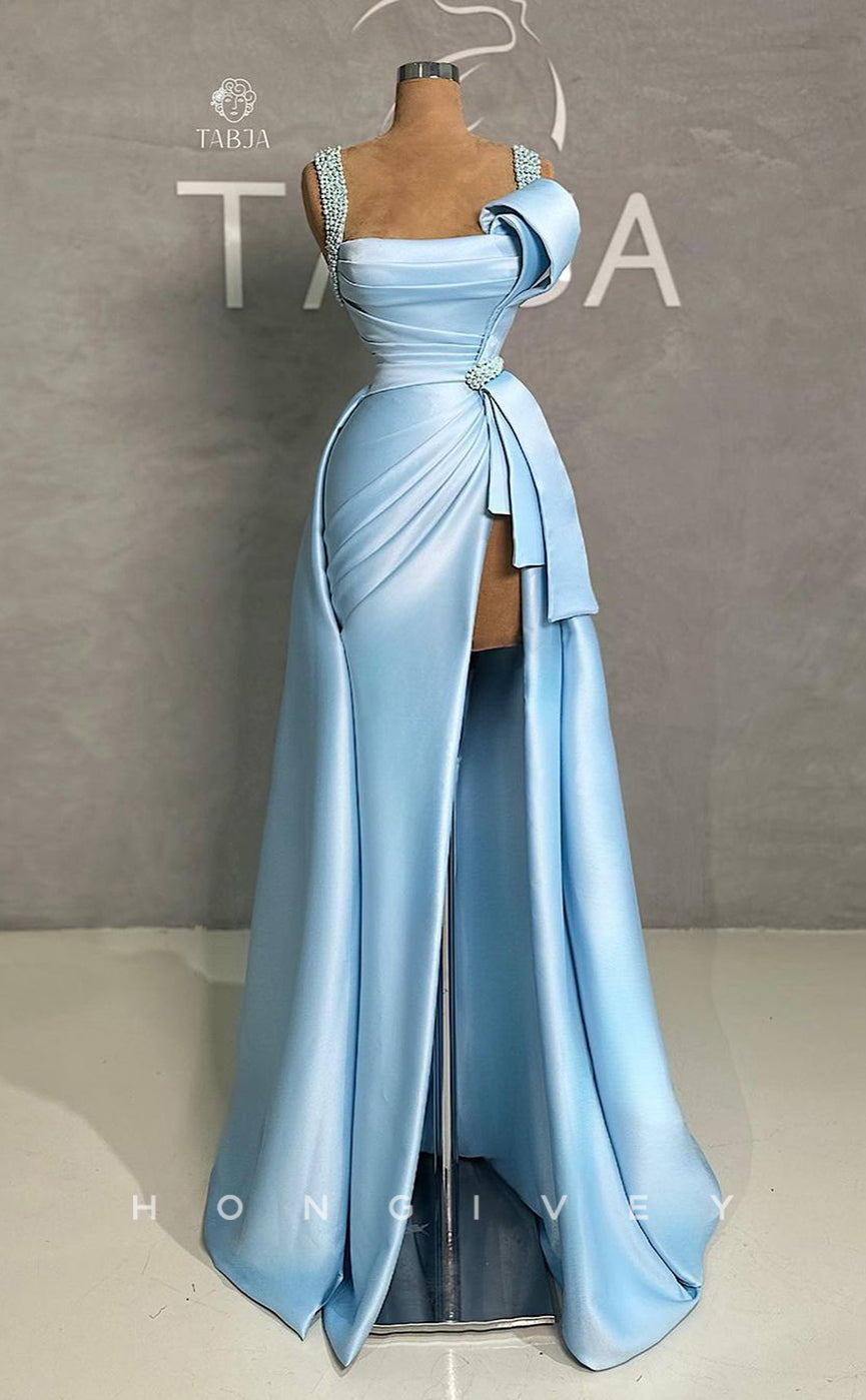 L2794 - Satin A-Line Empire Ruched With Side Slit Beaded Party Prom Evening Dress - Fashionpara