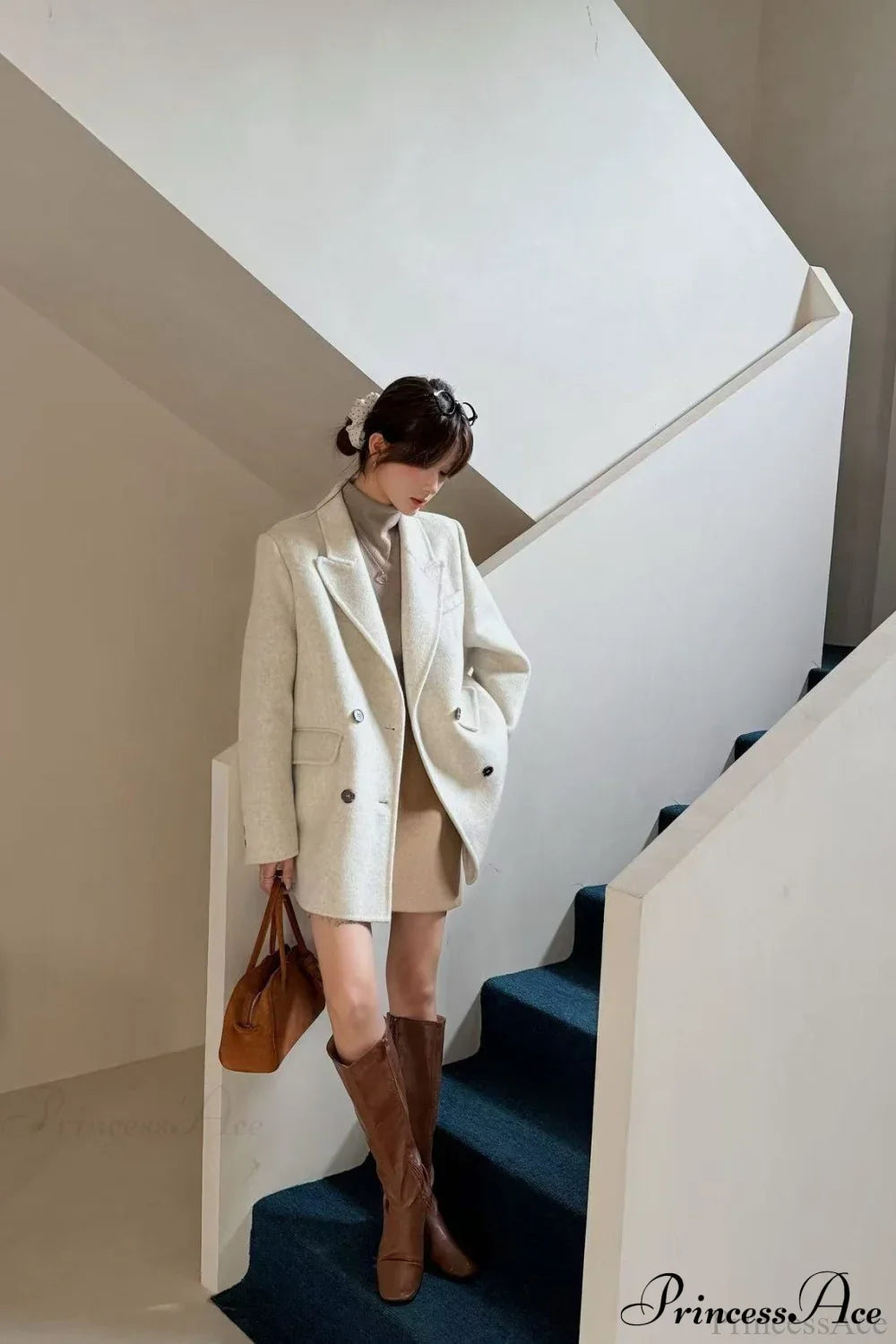 Double-Face Wool Midi Coat with Tailored Collar for Elegance