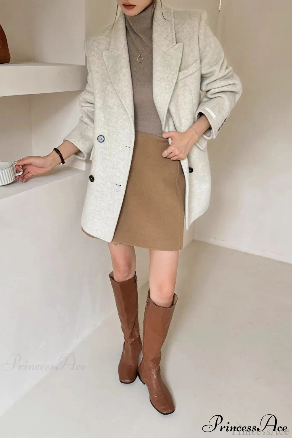 Double-Face Wool Midi Coat with Tailored Collar for Elegance