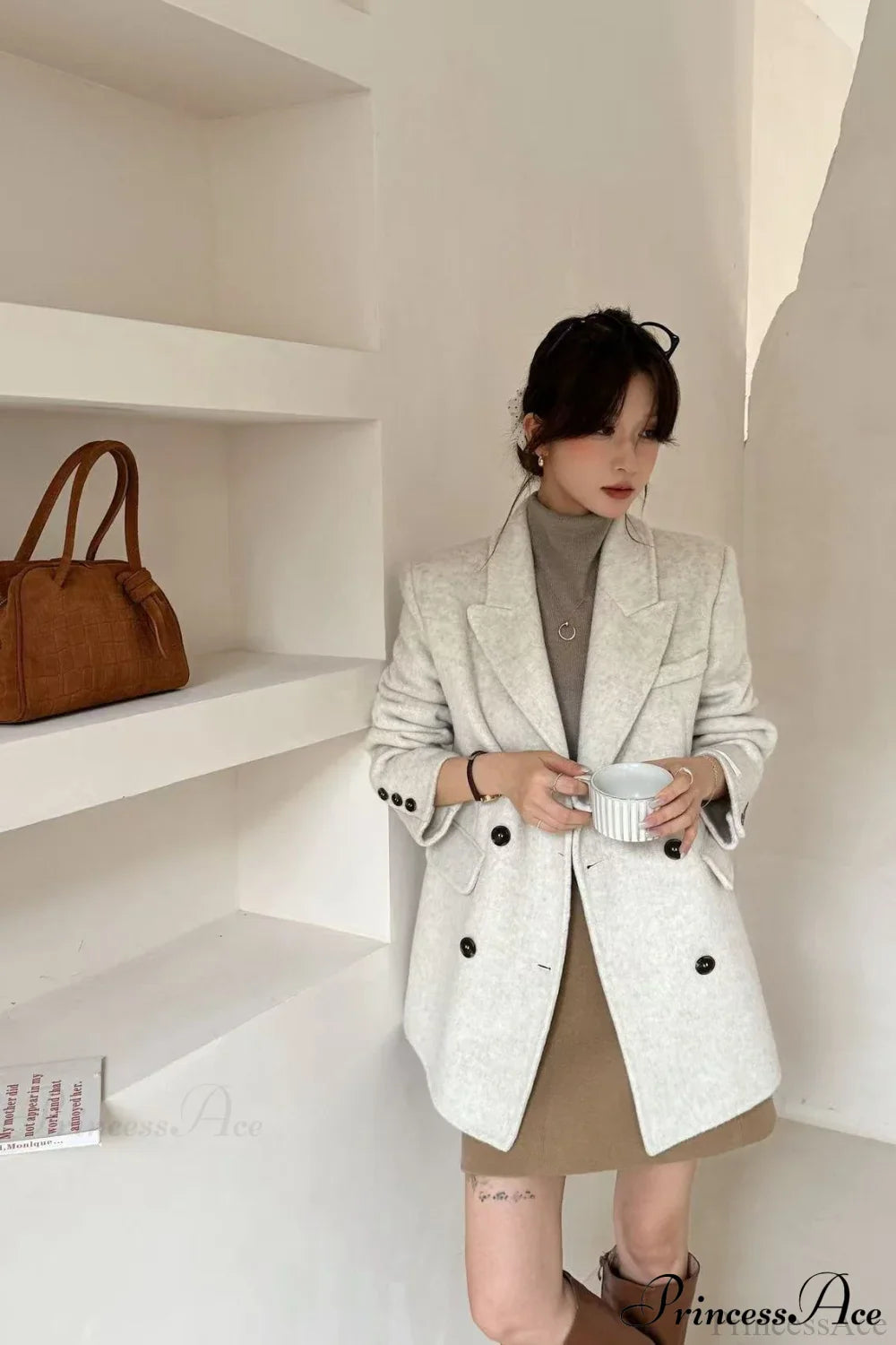 Double-Face Wool Midi Coat with Tailored Collar for Elegance