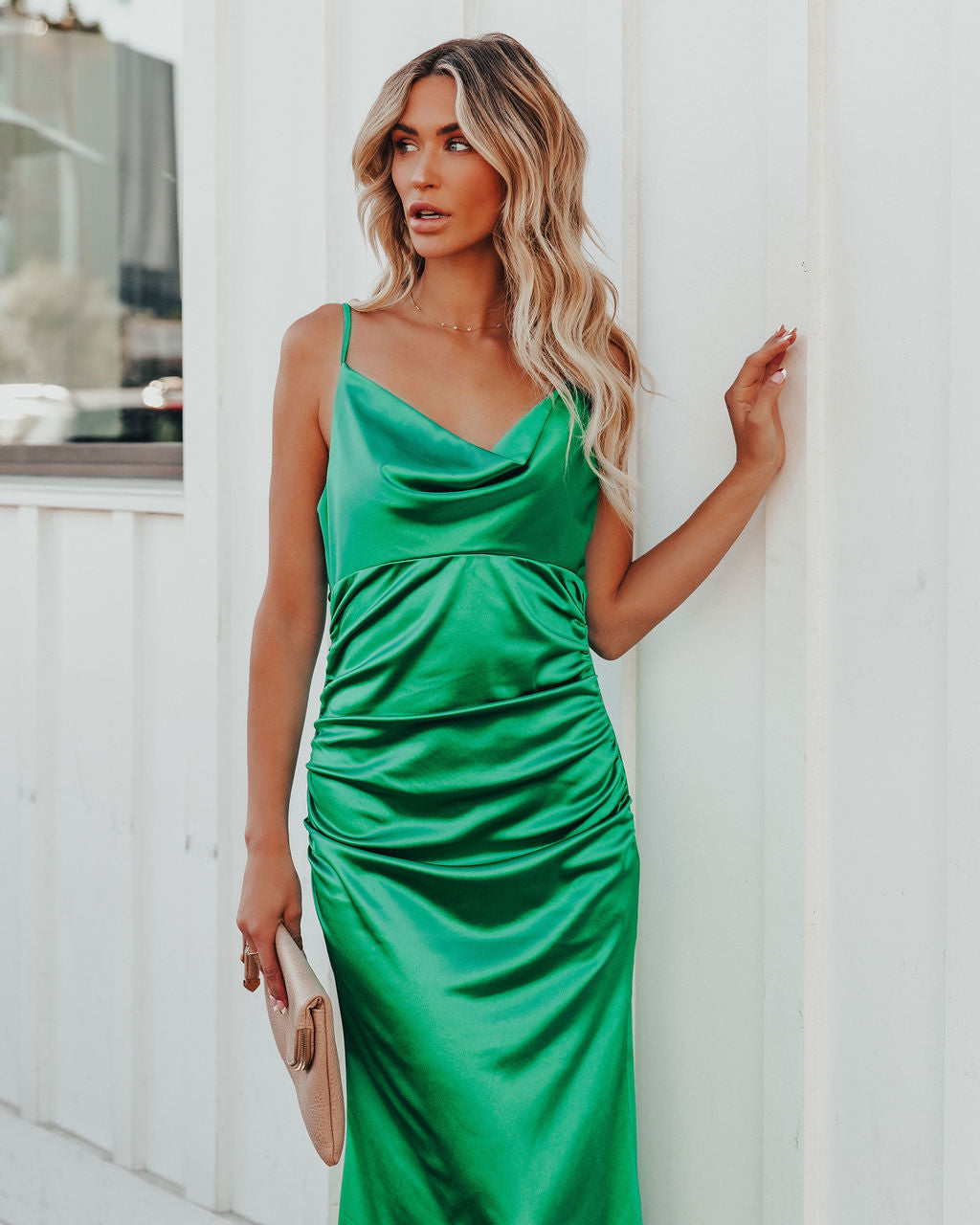 Satin Cowl Neck Spaghetti Strap Ruched Maxi Dress