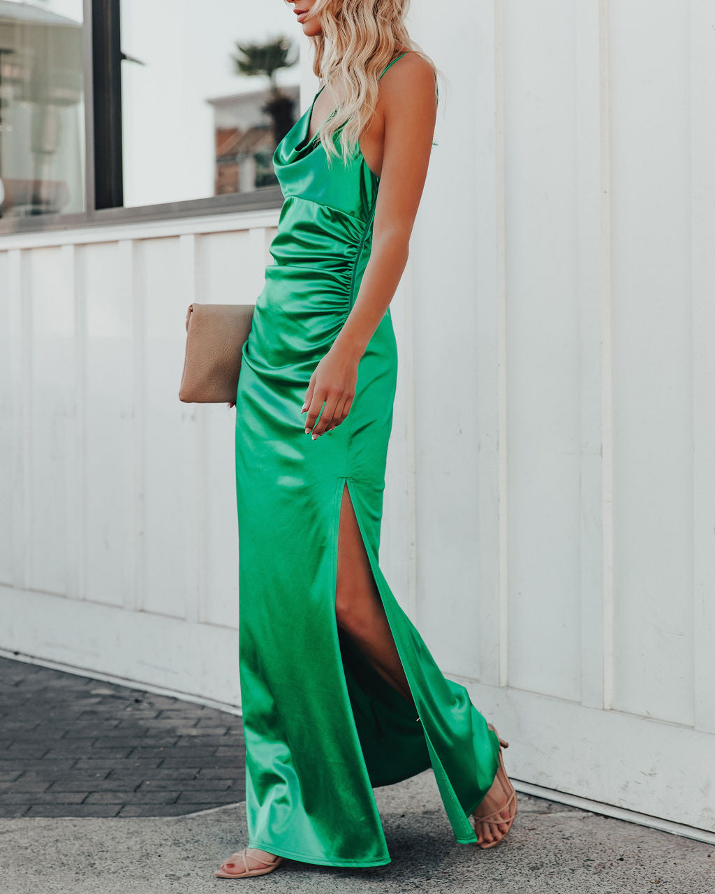 Satin Cowl Neck Spaghetti Strap Ruched Maxi Dress