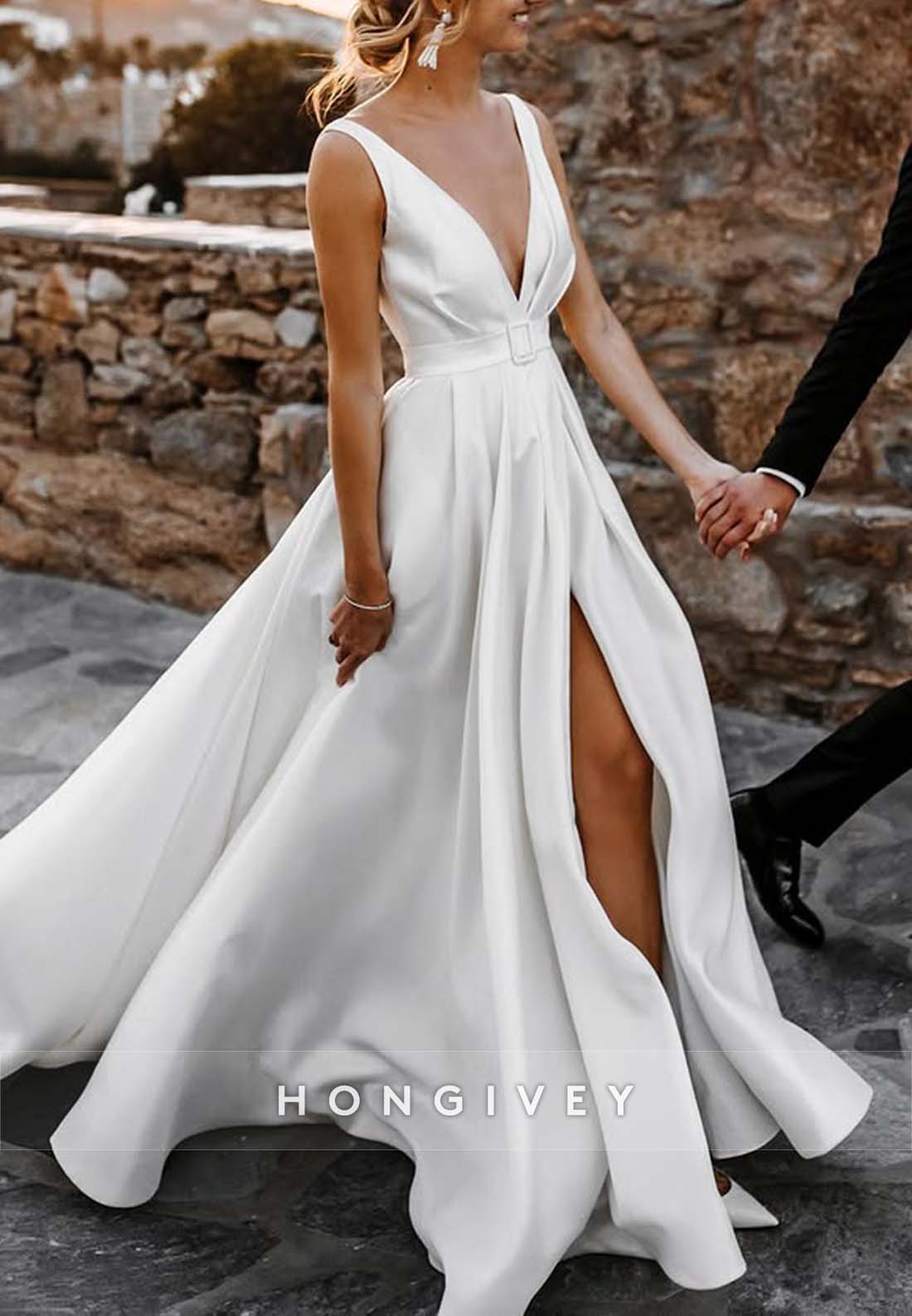 High Slit Court Train V Neck A-line Waistband Cap Straps V Back Wedding Dresses