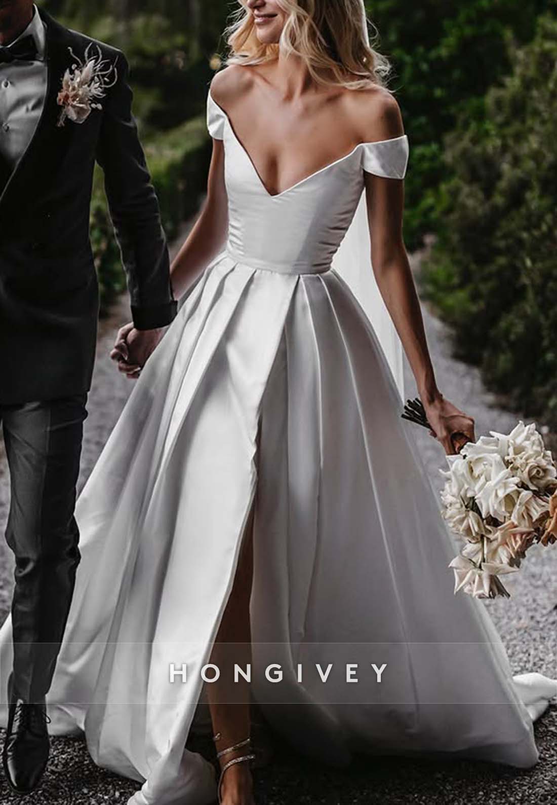 Off the Shoulder High Slit V Neck A-line Court Train Wedding Dresses