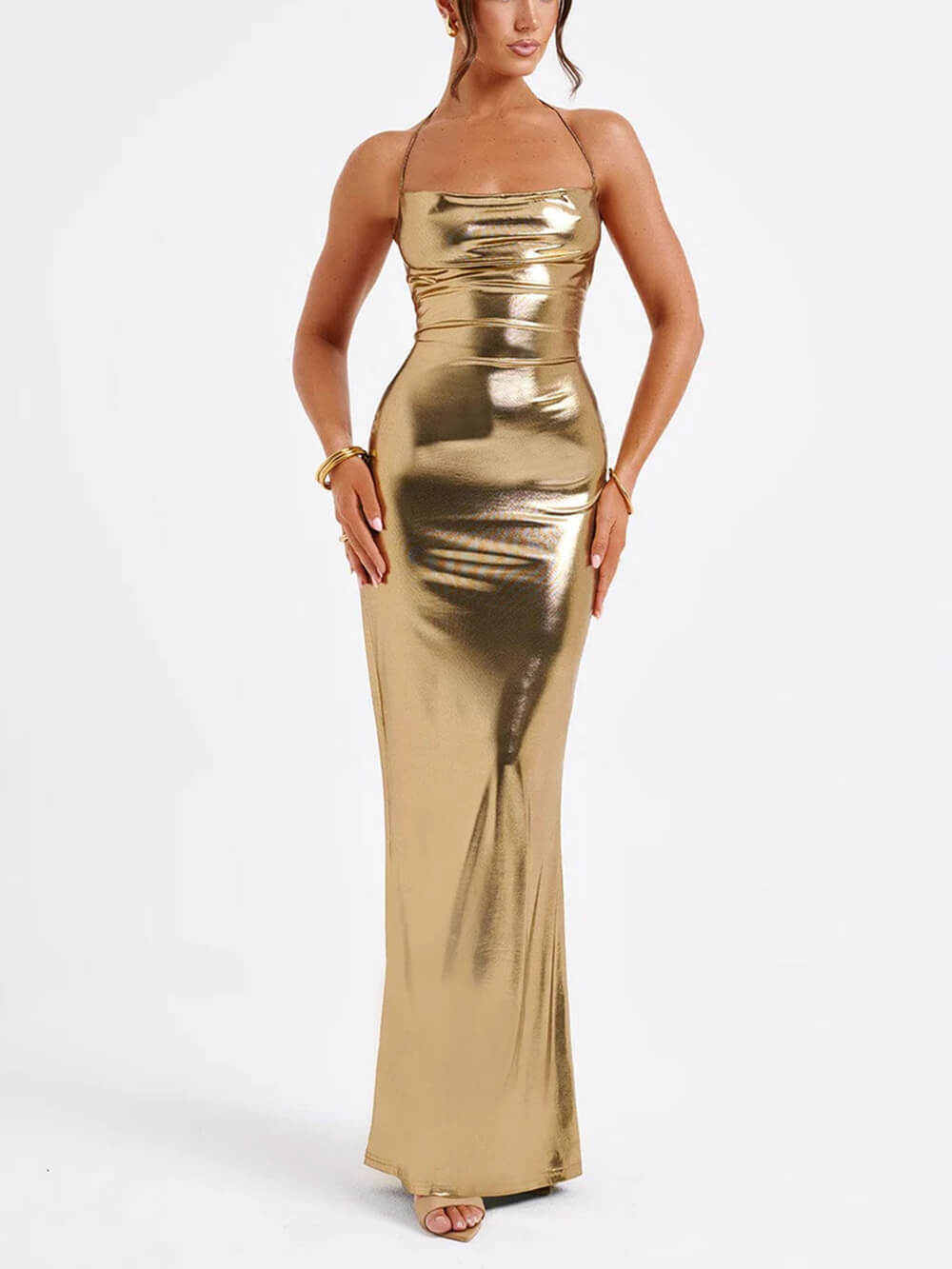 Spring Swing Collar Glossy Metallic Backless Maxi Dress - Fashionpara