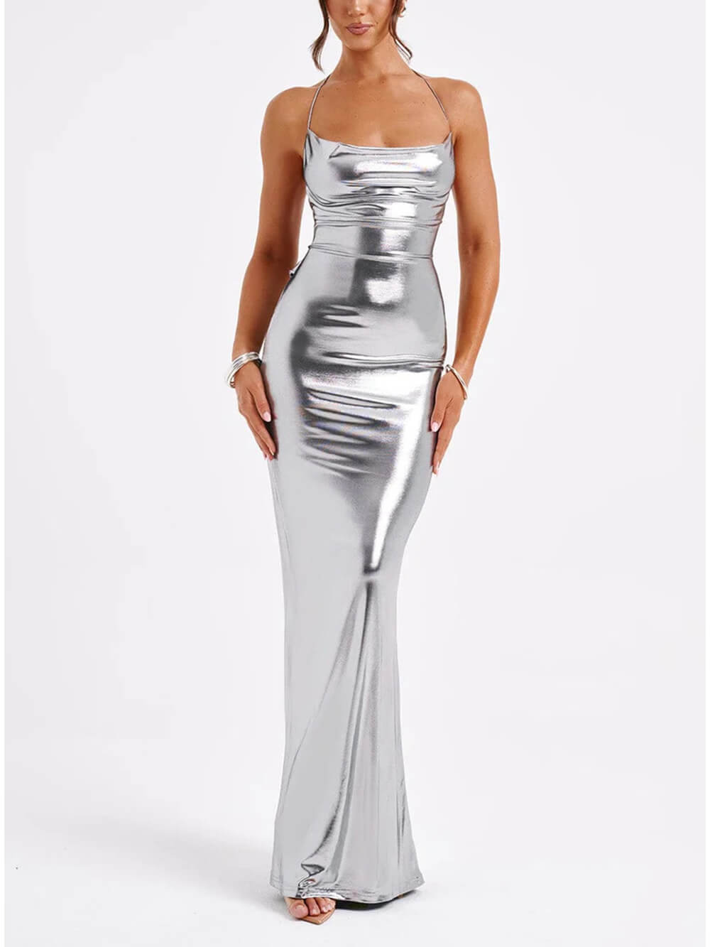 Spring Swing Collar Glossy Metallic Backless Maxi Dress - Fashionpara