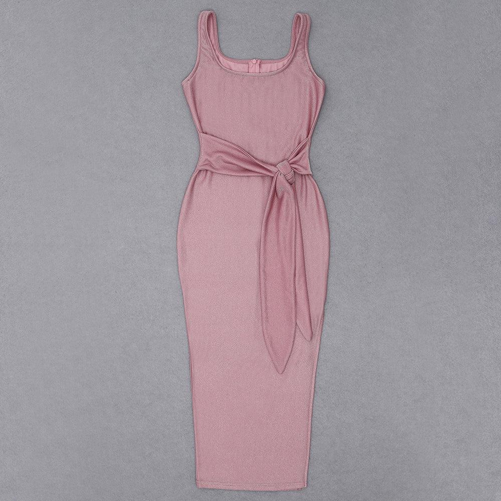 Scoop Neck Sleeveless Tie Front Bodycon Midi Dress
