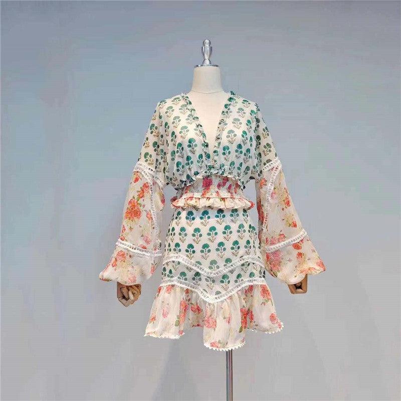 KittenAlarm - Tanaya V Neck Allover Print Mini Dress