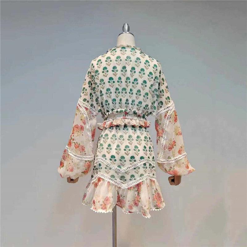 KittenAlarm - Tanaya V Neck Allover Print Mini Dress